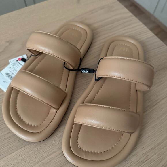 Zara Taupe Slide Sandals Sz 38 - Picture 1 of 5